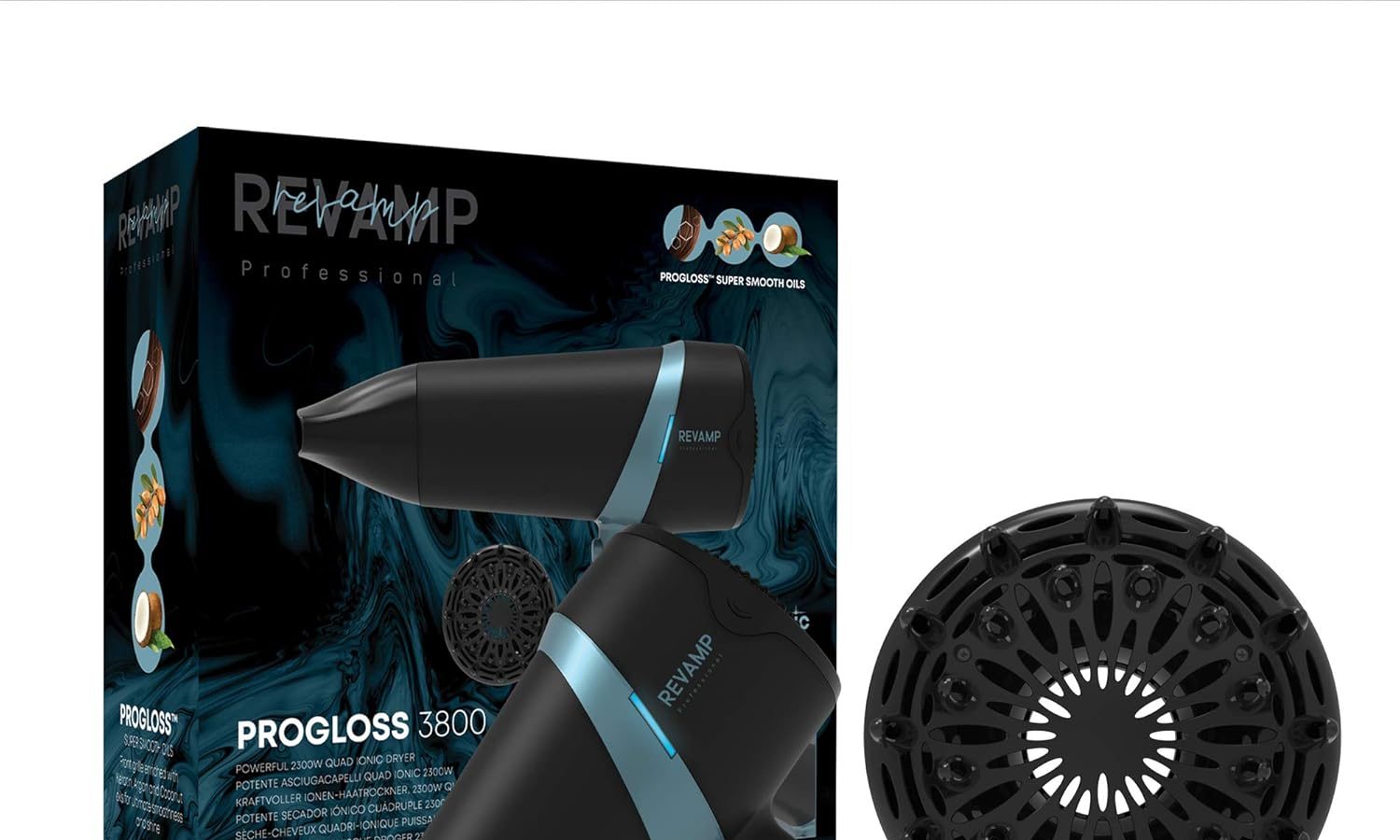 REVAMP Progloss Quad Ionic 3800, Asciugacapelli Professionale con Beccuccio e Diffusore, Phon con Tecnologia Ionica, Infuso con Oli Liscianti, 4 Impostazioni di Calore, 2 Velocità, Nero e Blu