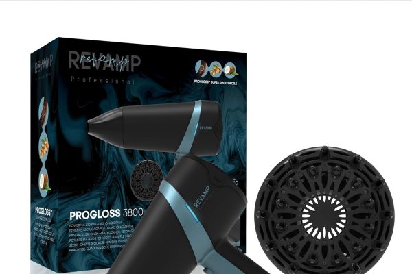 REVAMP Progloss Quad Ionic 3800, Asciugacapelli Professionale con Beccuccio e Diffusore, Phon con Tecnologia Ionica, Infuso con Oli Liscianti, 4 Impostazioni di Calore, 2 Velocità, Nero e Blu