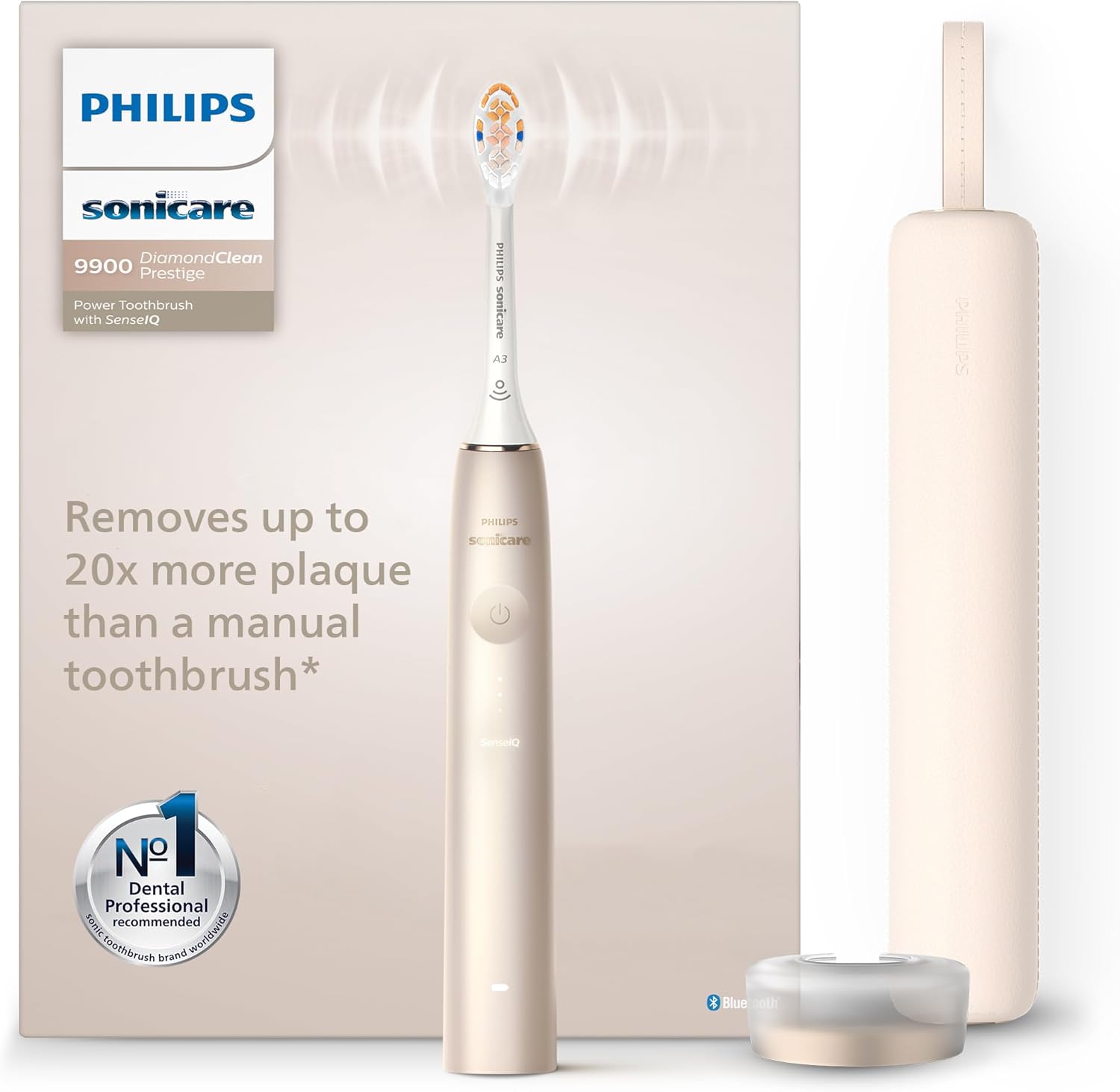 Philips Sonicare DiamondClean Prestige 9900 – Spazzolino elettrico sonico con 1 testina Premium All-in-One A3 e custodia di ricarica champagne (modello HX9992/11)