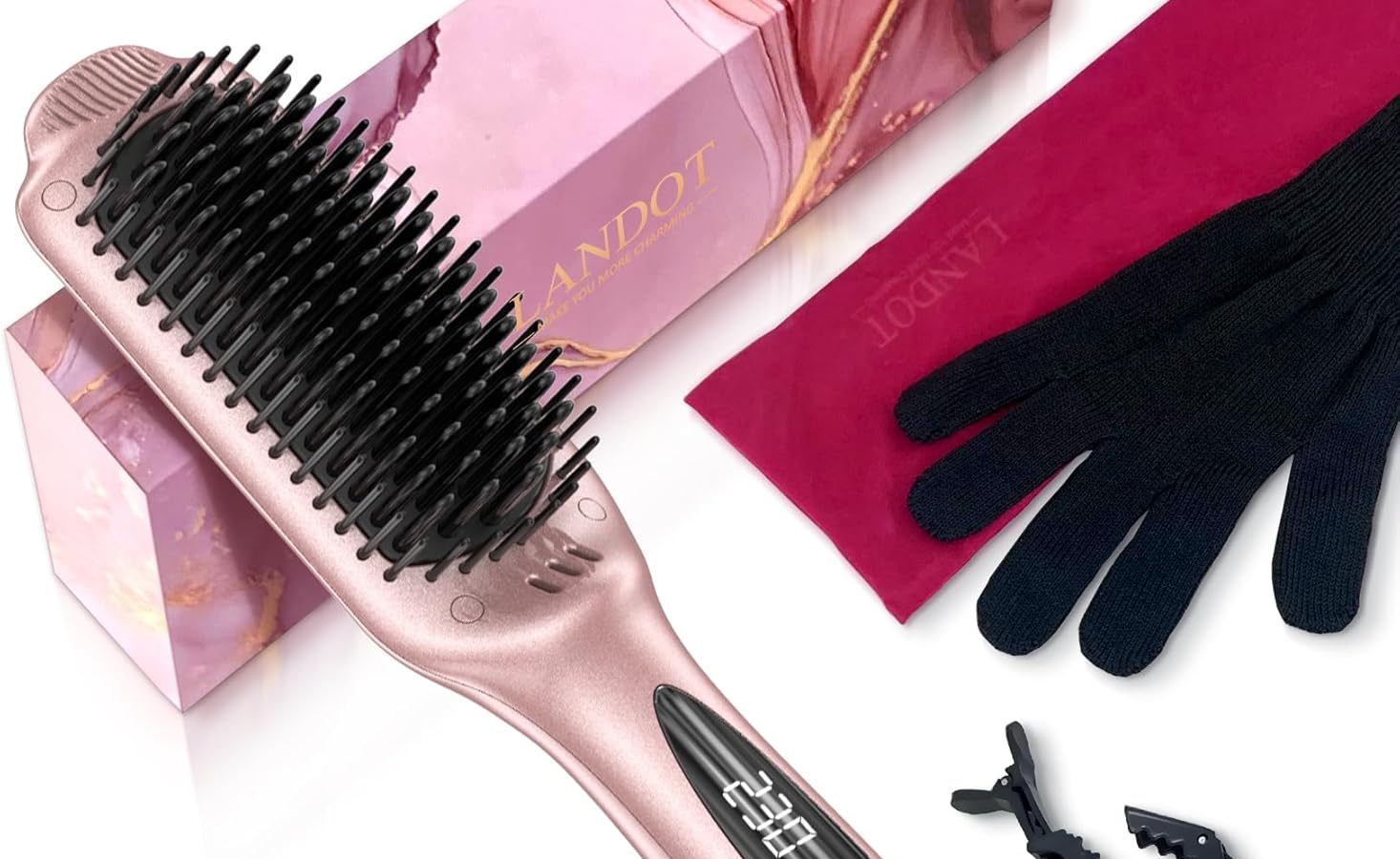 LANDOT Spazzola Elettrica Lisciante Per Capelli: Spazzola levigante con Tecnologia Di Riscaldamento in Ceramica e Ionizzatore – Spegnimento automatico di sicurezza