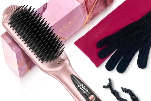 LANDOT Spazzola Elettrica Lisciante Per Capelli: Spazzola levigante con Tecnologia Di Riscaldamento in Ceramica e Ionizzatore – Spegnimento automatico di sicurezza