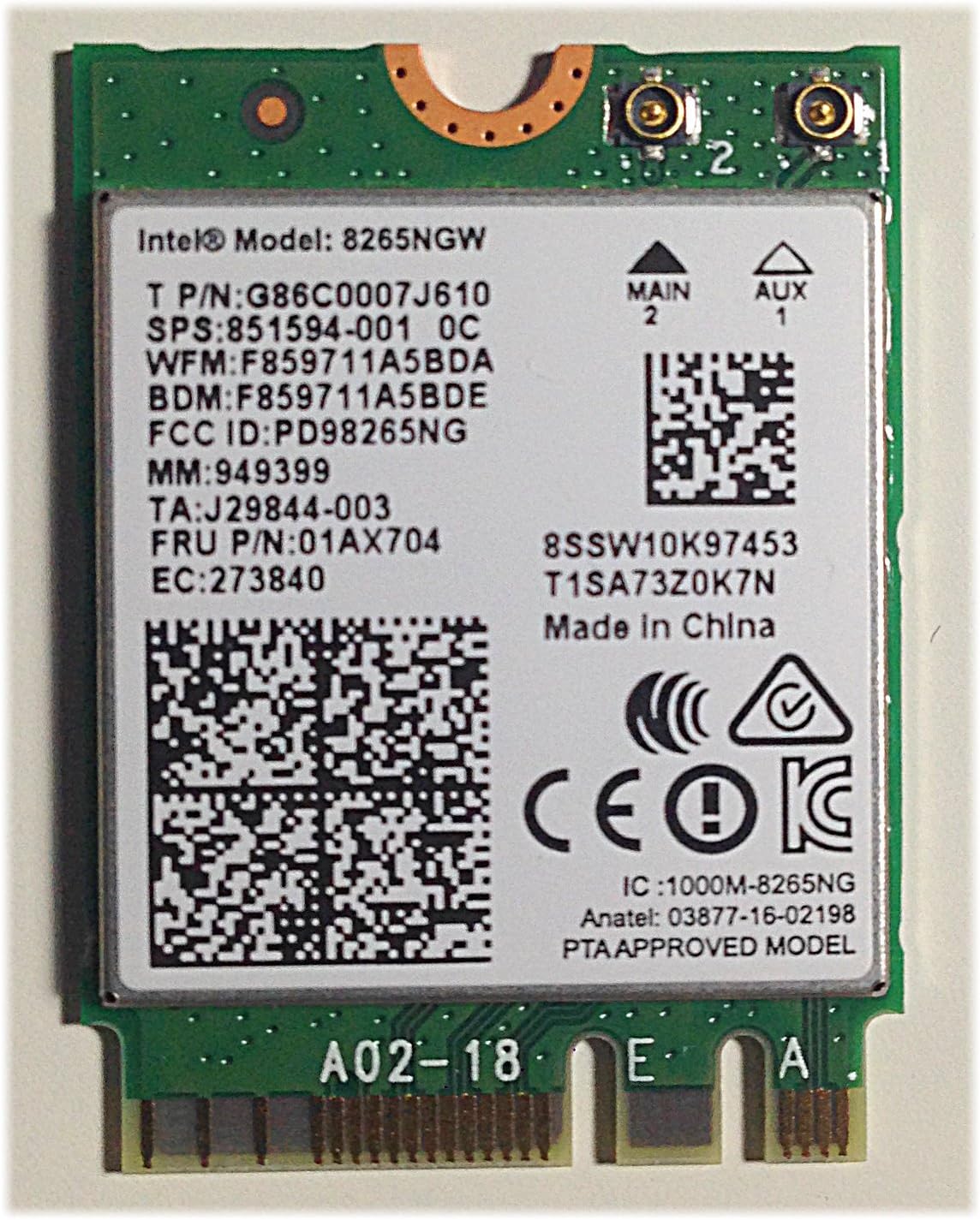 Intel Dual Band Wireless-AC 8265, Adattatore Wi-Fi, WLAN/Bluetooth, 867 Mbit/s, Tecnologia Senza Fili, 2,2 x 3 x 0,2 cm