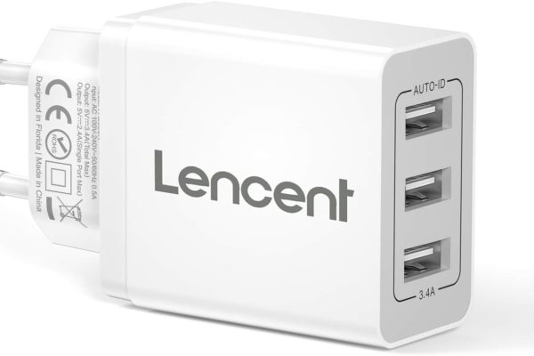 LENCENT Caricatore USB da Muro con 3 Porte(17W/3.4A), Caricabatterie USB Multiplo con Auto-ID Tecnologia, Adattatore Spina USB da Parete, Caricatore Alimentatore USB per Cellulare, Tablet