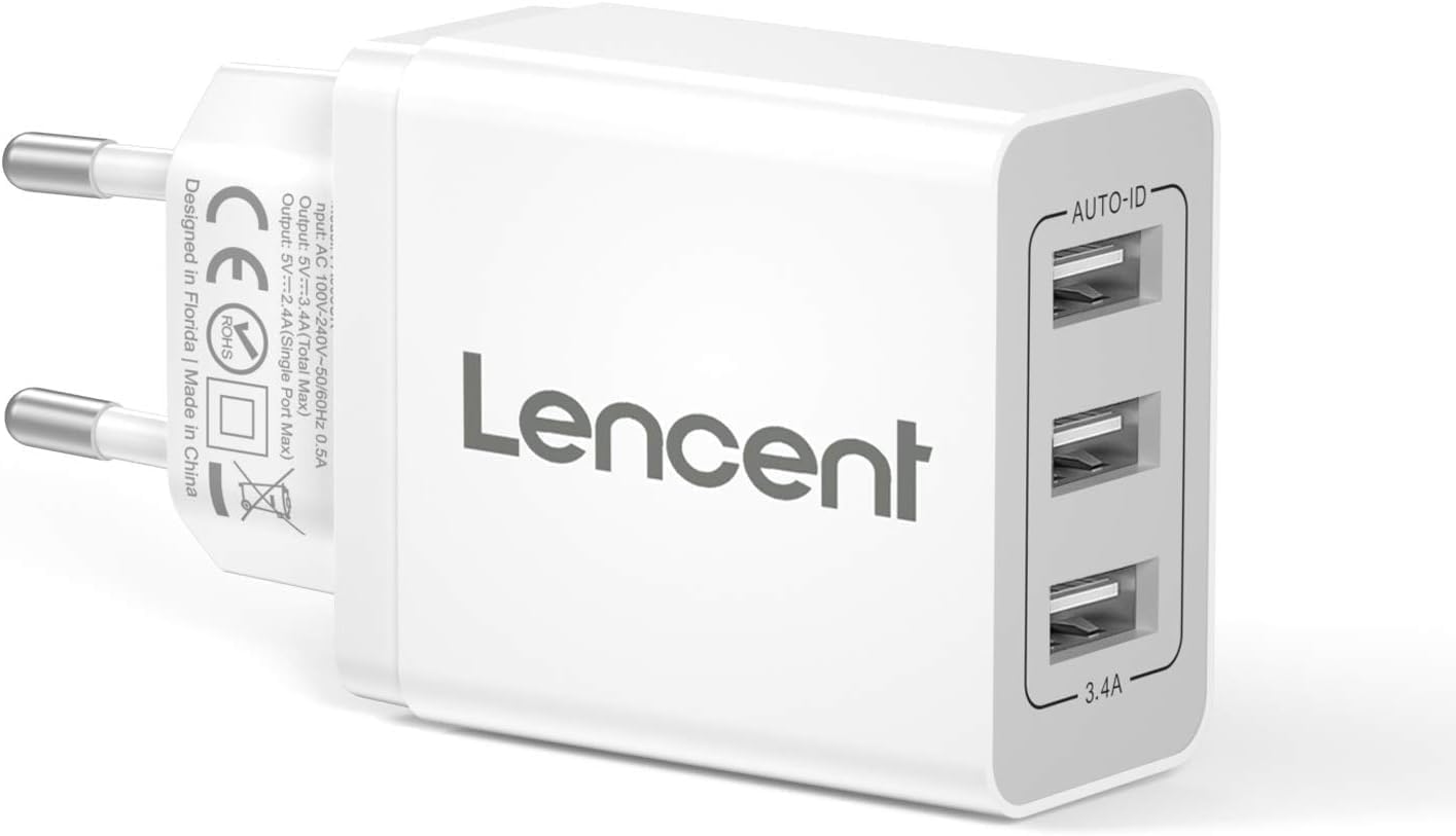 LENCENT Caricatore USB da Muro con 3 Porte(17W/3.4A), Caricabatterie USB Multiplo con Auto-ID Tecnologia, Adattatore Spina USB da Parete, Caricatore Alimentatore USB per Cellulare, Tablet
