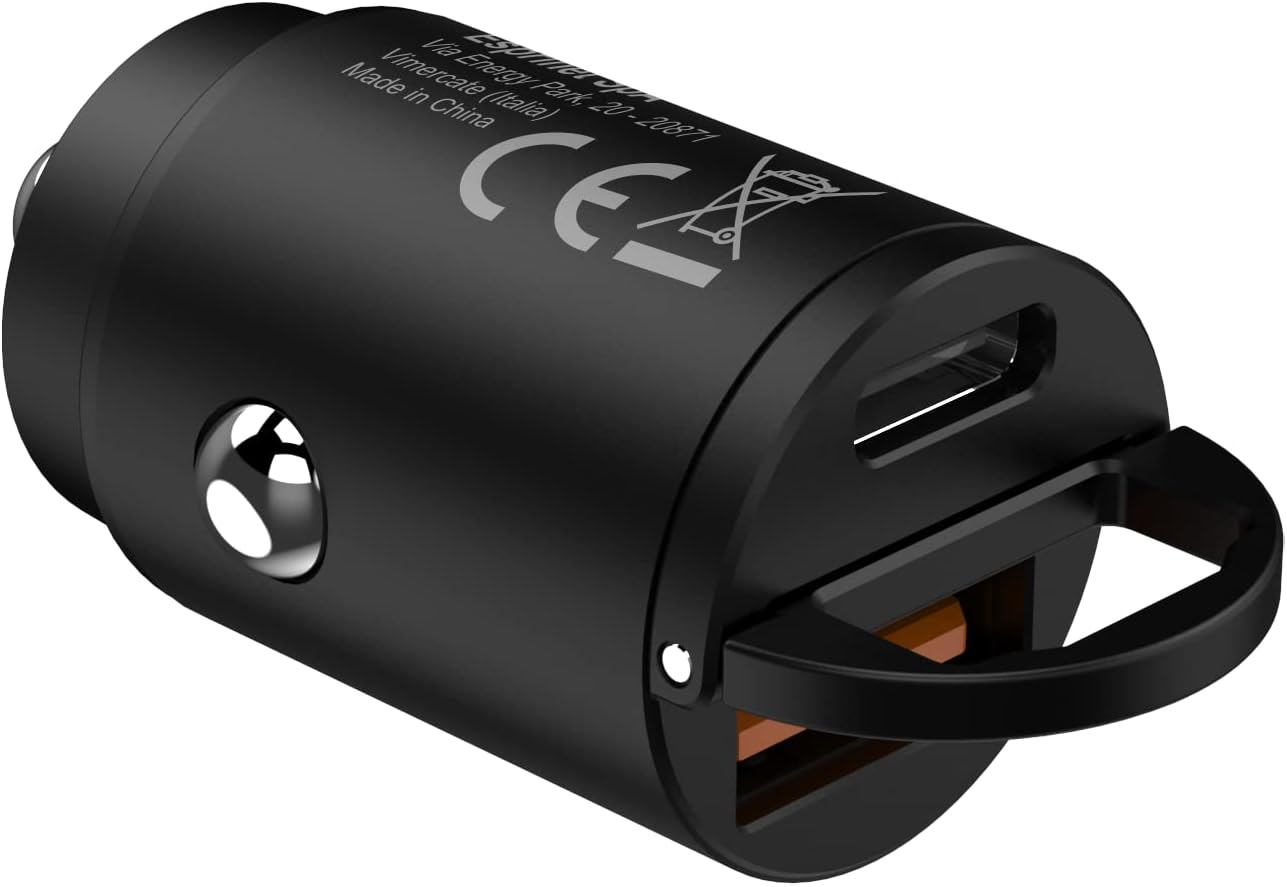 Celly, Black Label Line Car Charger with USB-C Port + USB Port, 30W Output, Power Delivery Technology with 1 Hour Charging, Compact Size, Black