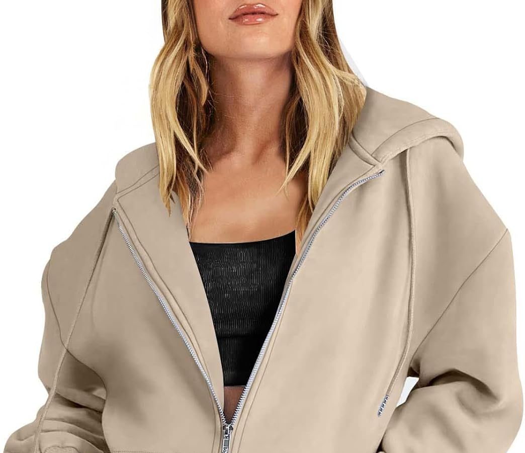 Generico Giacca Autunnale da Donna Felpa con Tasca Oversize Abbigliamento Casual con Coulisse Giacca da Pista con Cerniera Tinta Unita Top con Cappuccio a Maniche Lunghe Felpa Cappuccio Zip