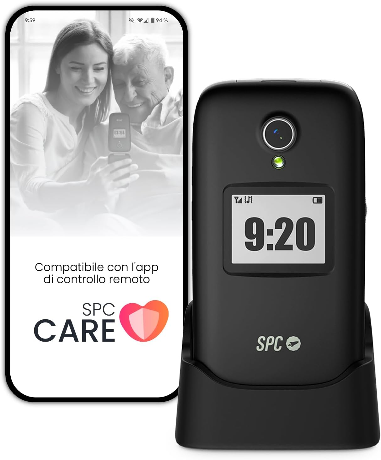 SPC Polaris – Telefono 4G per anziani con tasti grandi e tasto SOS, Compatibile con app per gestione remota Care (iOS & Android), localizzazione GPS e avvisi di sicurezza, Nero