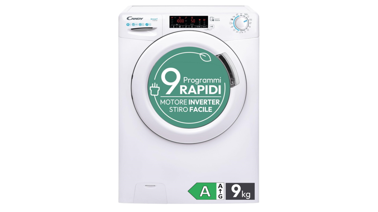 Lavatrice smart Candy con sconto di 200€: capacità da 9 kg, centrifuga a 1400 giri e consumi ridotti grazie alla Classe A
