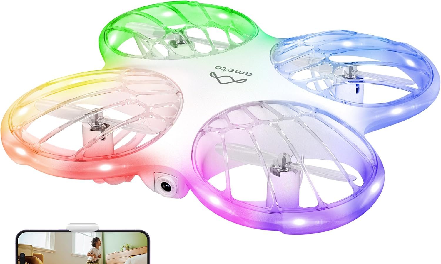 Ameta Morpho Drone with Camera for Kids 1080P HD, Mini FPV Drones with 32 RGB Lights/Circular Flight/3D Flip/18min Flight/Lost Buzzer, Cool Toy for Boys Girls, Less Than 249g