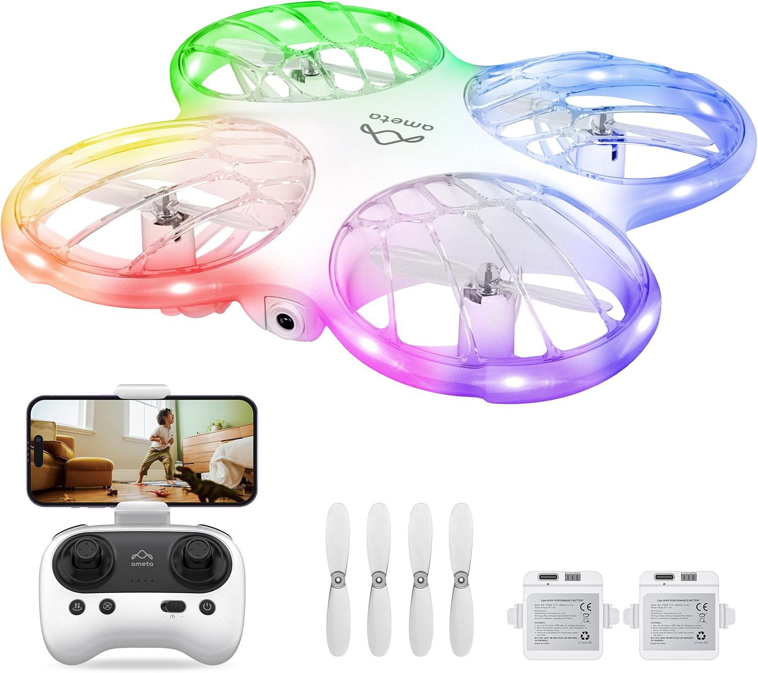 Ameta Morpho Drone with Camera for Kids 1080P HD, Mini FPV Drones with 32 RGB Lights/Circular Flight/3D Flip/18min Flight/Lost Buzzer, Cool Toy for Boys Girls, Less Than 249g