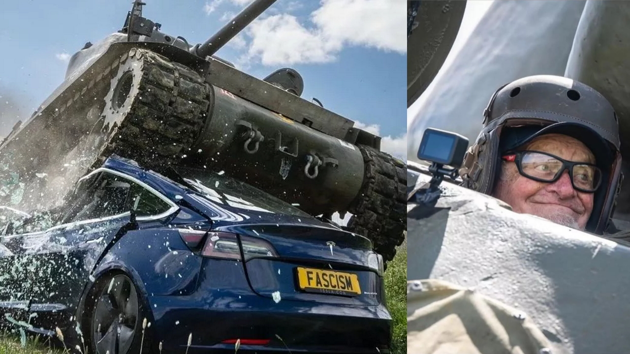 Veterano di guerra di 98 anni schiaccia una Tesla Model 3 targata "fascism" con un carro armato