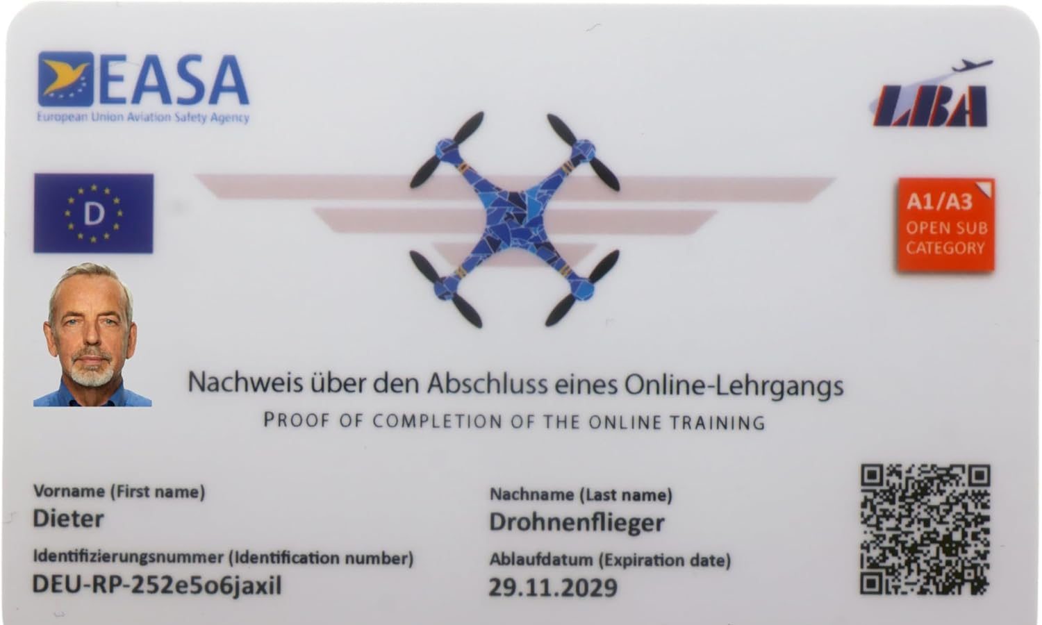 MJ Drone Driving License – With QR Code + Photo ID and Address on the Back, Proof of Competence for A1-A3, A2 or STS License in Credit Card Size, High Quality Plastic Card with