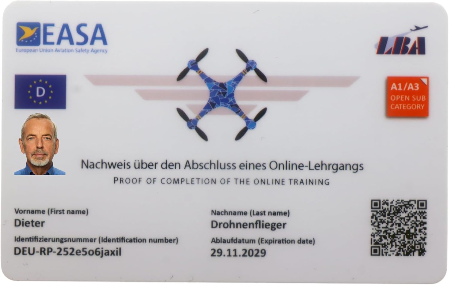 MJ Drone Driving License – With QR Code + Photo ID and Address on the Back, Proof of Competence for A1-A3, A2 or STS License in Credit Card Size, High Quality Plastic Card with