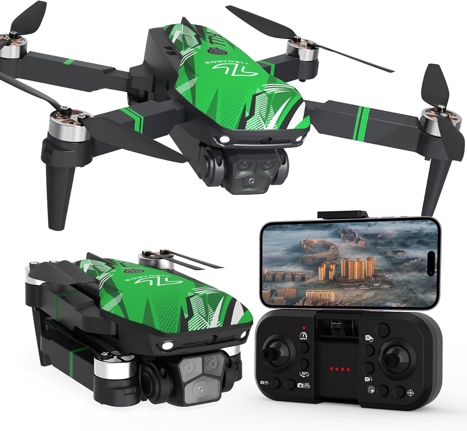 TTROARDS TT19 Droni con Motore Brushless, Drone con Fotocamera 4K, Funzione di Prevenzione Degli Ostacoli, Resistenza al Vento di Livello 3, Quadricottero Pieghevole per Principianti, Verde