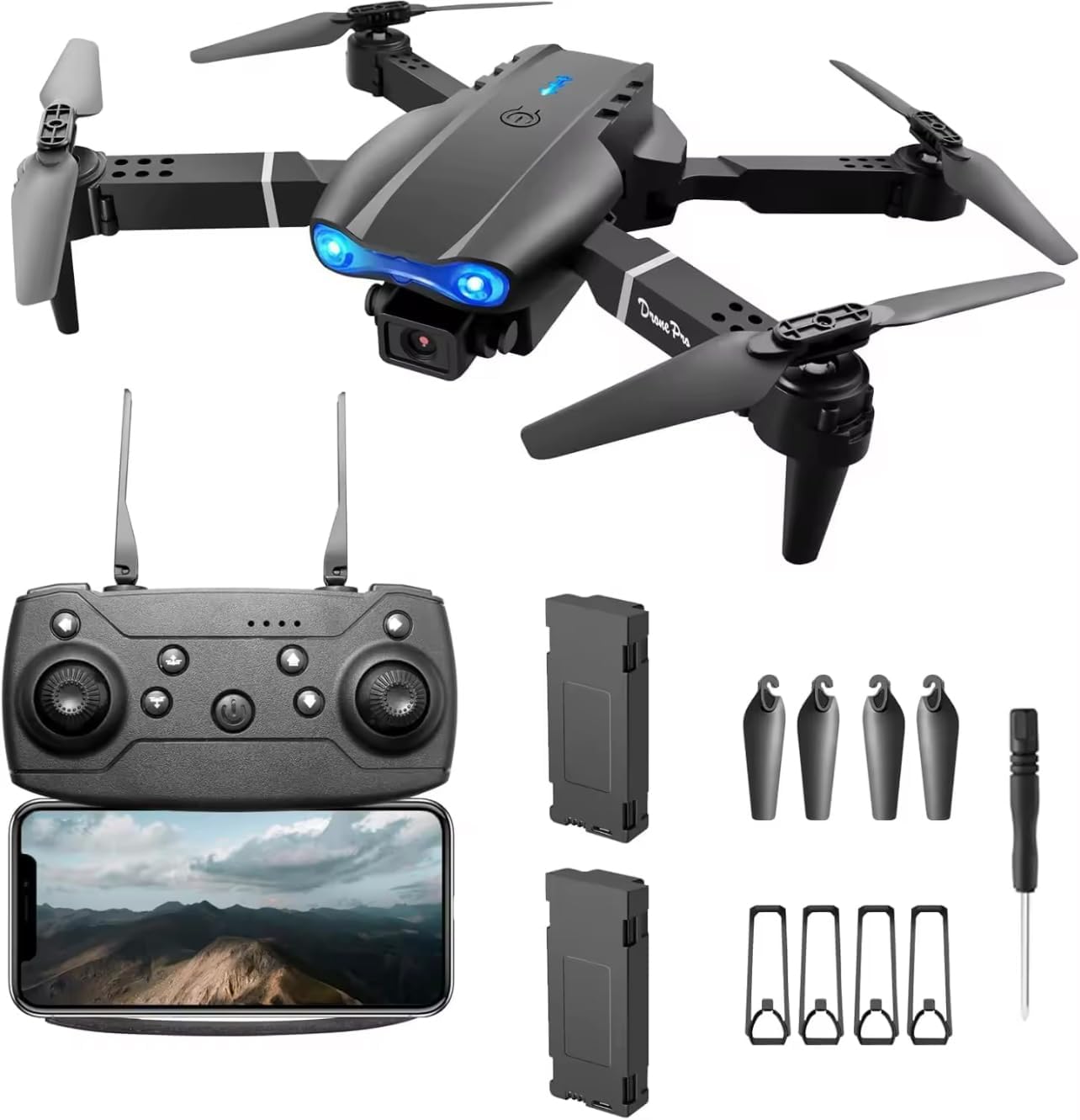 E99 Beginner Drone with Dual Camera 2 Battery, One Key Takeoff/Landing, 1800mAh Battery, 39″