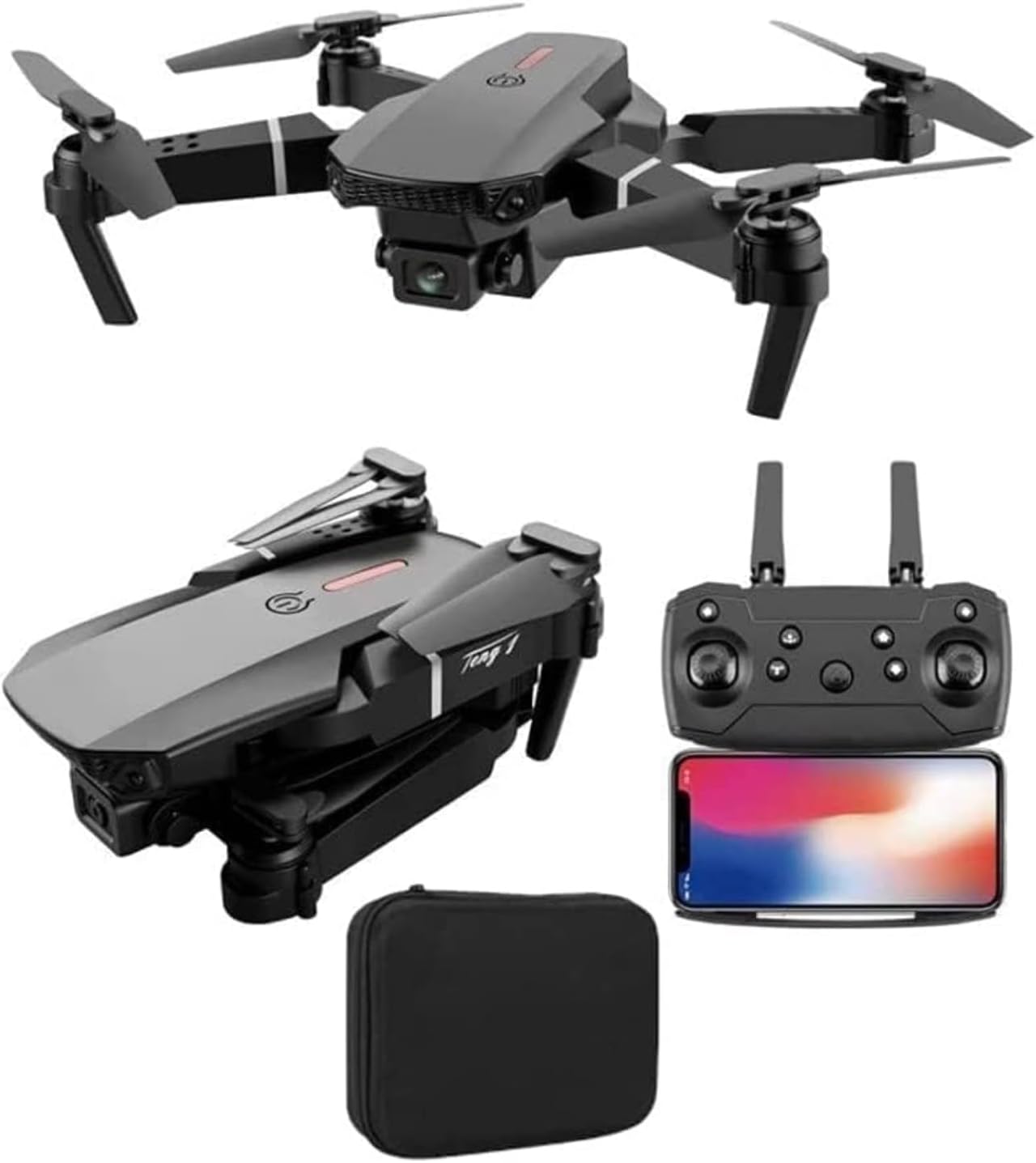 E88 Foldable Beginner Drone with Dual Camera 3 Batteries, WiFi FPV, Carrying Case and Spare Parts, Black