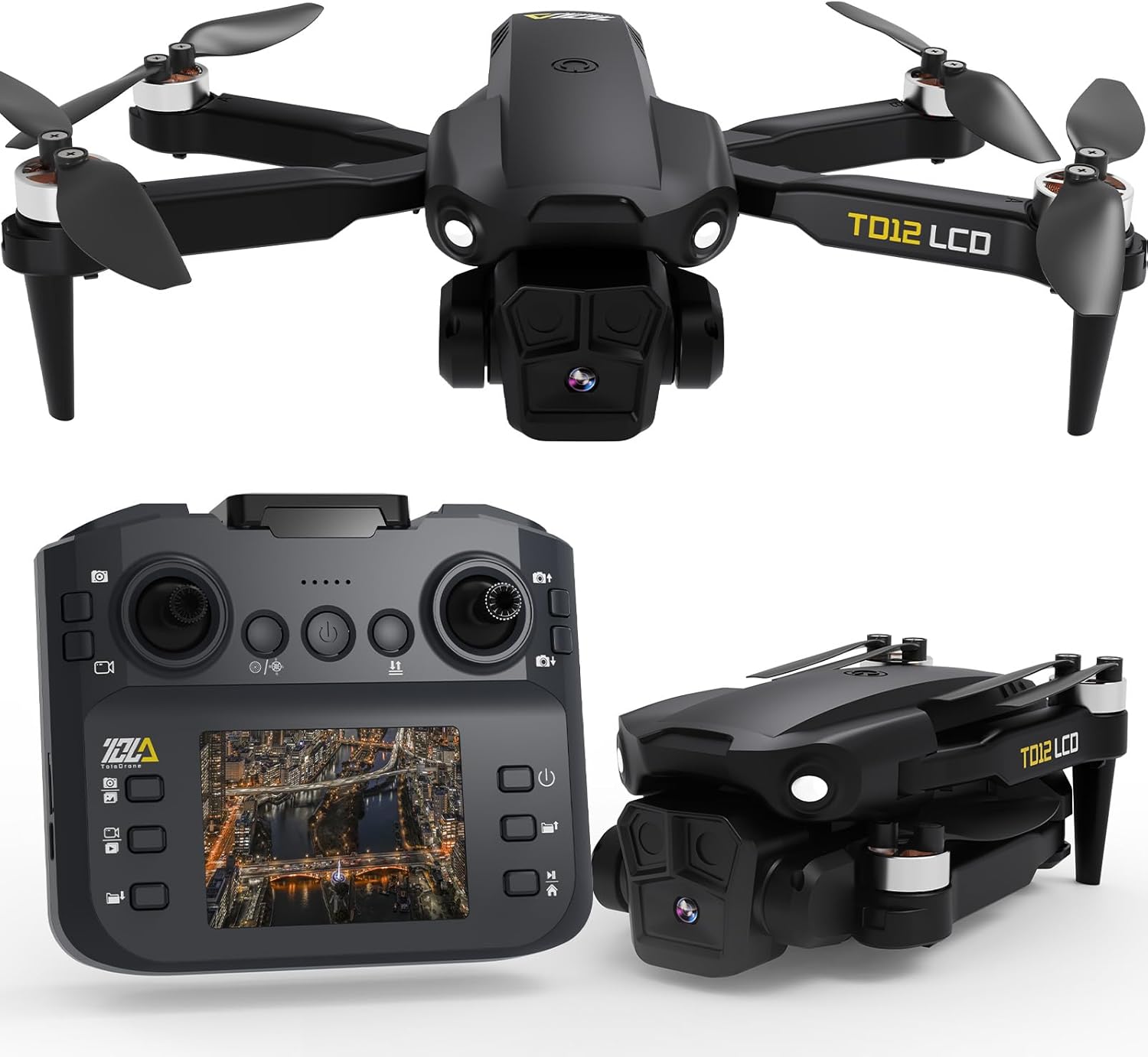 Toladrone TD12LCD Drone con Fotocamera per Adulti, Droni con Motore Brushless, Telecomando con Schermo LCD, Trasmissione in Tempo Reale, Drone Quadricottero Pieghevole per Principianti