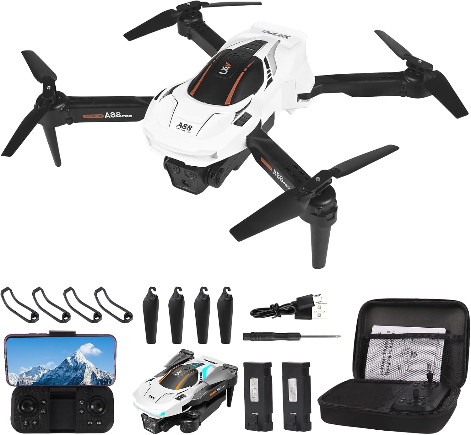 A88 Mini Drone for Kids with 1080P HD FPV Camera with Altitude Maintain, RC Quadcopter Drones with LED Lights and 2 Batteries, Toy Gift for Boys and Girls (Weiß)