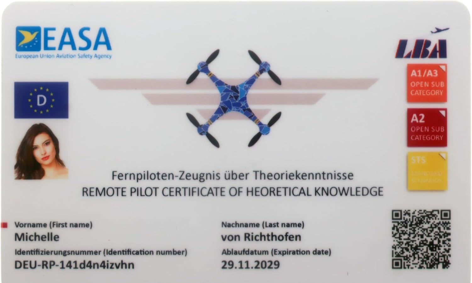 Roboterwerk – Drone Driver’s License, EASA A1/A3 and A2 Competence Certificate, Cheque Cards, with QR Code and Optional National Flag, Photo ID and Address Data Plastic Card