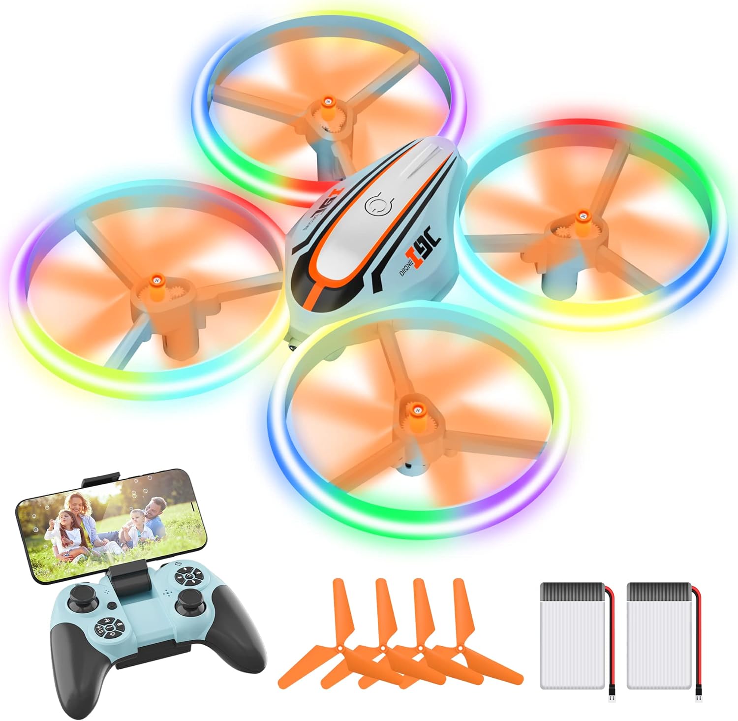 Drone with HD Camera for Kids, Gift Toy WiFi Drones Remote Controlled with LED Light, RC Quadcopter Helicopter with Headless Mode, Hovering Function, 3D Flip and 2 Batteries