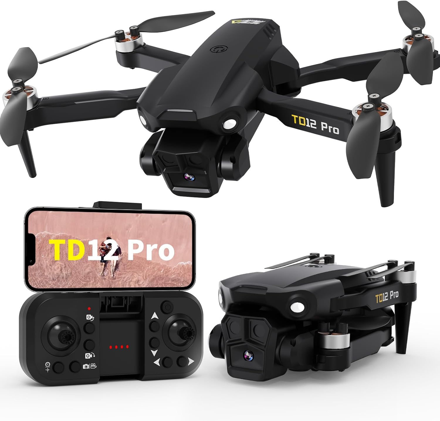 Drone con Fotocamera 4K, Droni per Adulti Livello 3 Resistenza al Vento Posizionamento Ottico Motore Brushless ESC Regolabile a 90°, Quadricottero RC Pieghevole per Principianti, TD12Pro