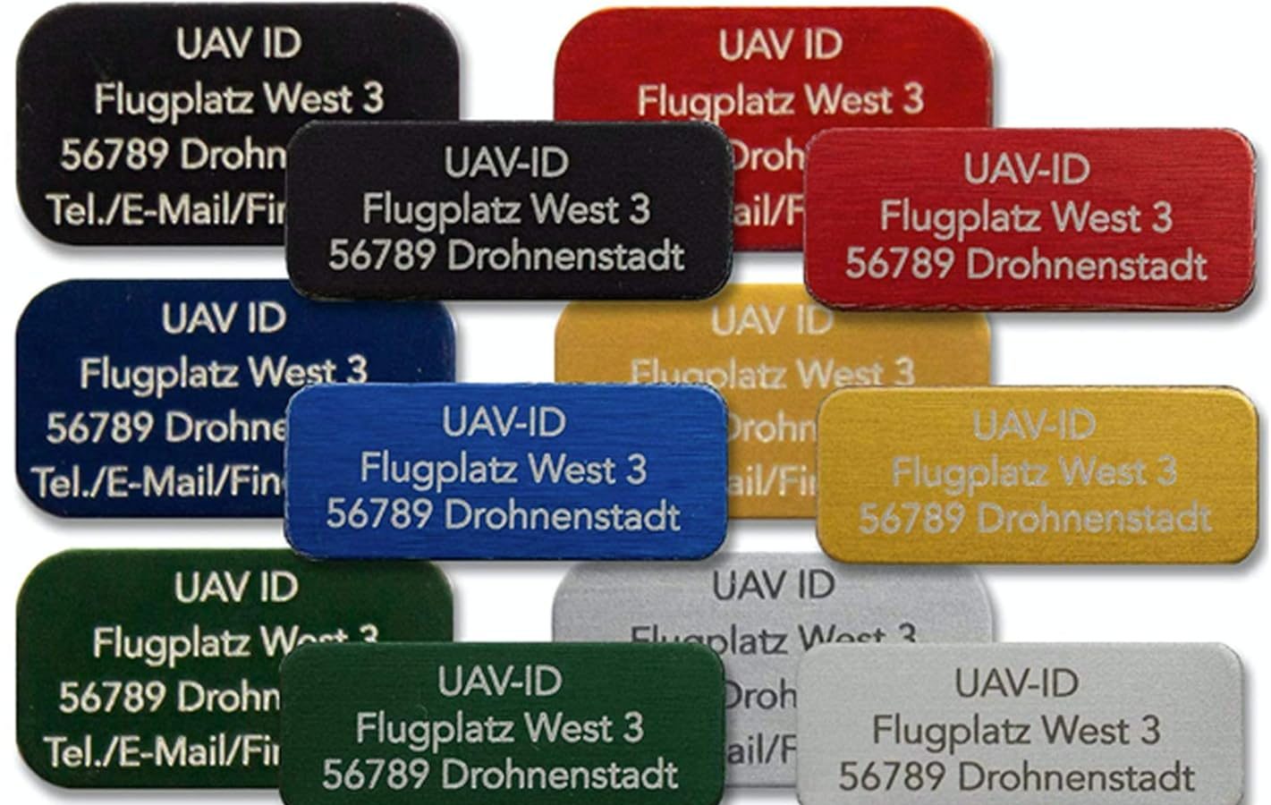 UAV-ID – Drone Tag – Name Tag or E-ID, 20 x 8 mm or 20 x 11 mm, 3 or 4 Rows, Anodised Aluminium in Various Colours, High Quality Laser Labelling