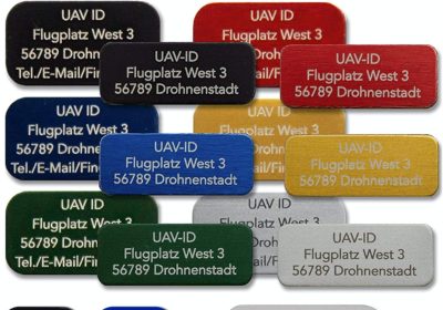 UAV-ID – Drone Tag – Name Tag or E-ID, 20 x 8 mm or 20 x 11 mm, 3 or 4 Rows, Anodised Aluminium in Various Colours, High Quality Laser Labelling