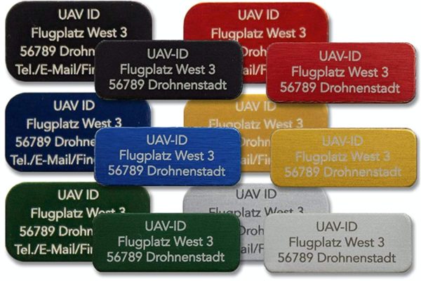 UAV-ID – Drone Tag – Name Tag or E-ID, 20 x 8 mm or 20 x 11 mm, 3 or 4 Rows, Anodised Aluminium in Various Colours, High Quality Laser Labelling