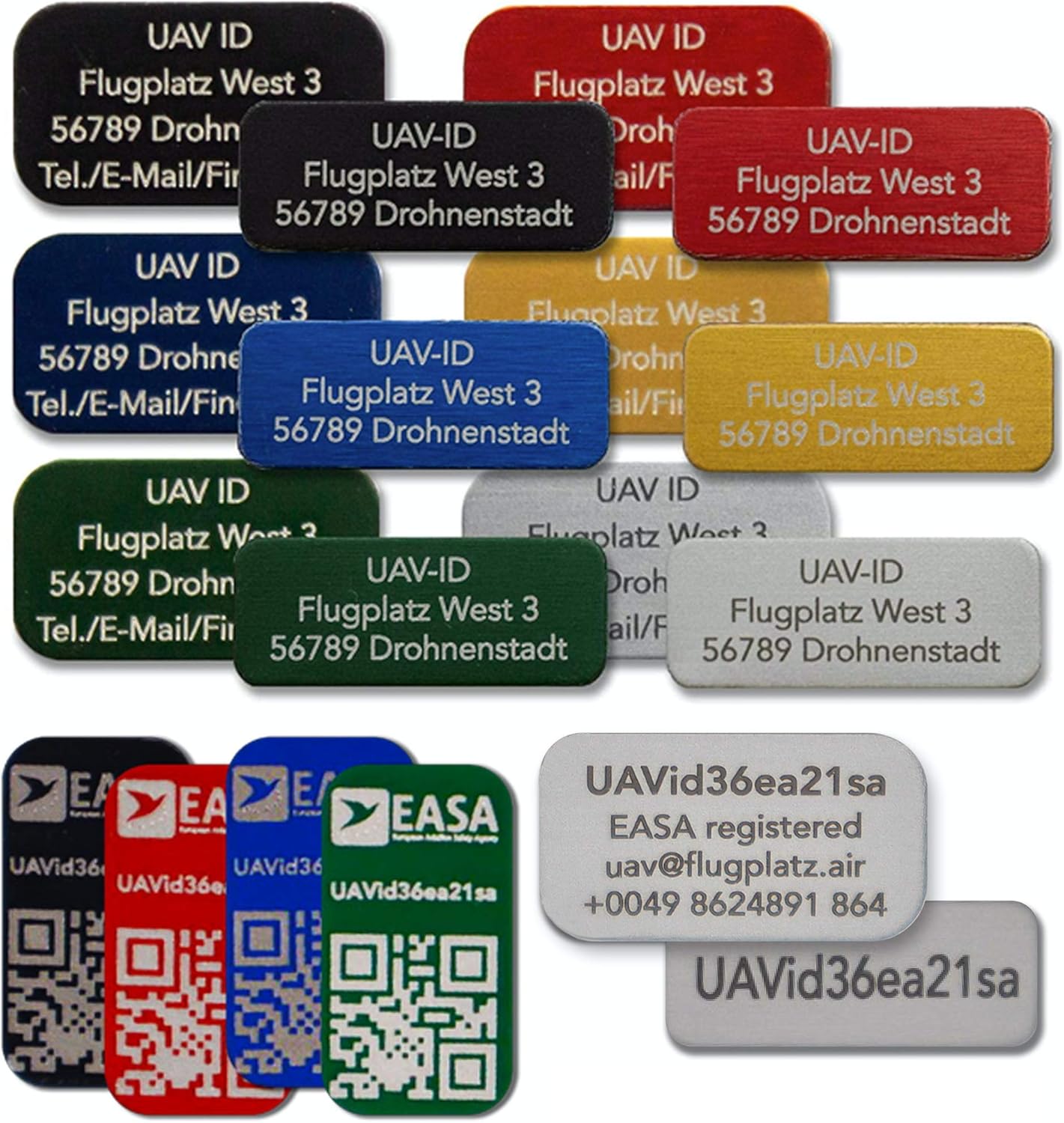 UAV-ID – Drone Tag – Name Tag or E-ID, 20 x 8 mm or 20 x 11 mm, 3 or 4 Rows, Anodised Aluminium in Various Colours, High Quality Laser Labelling