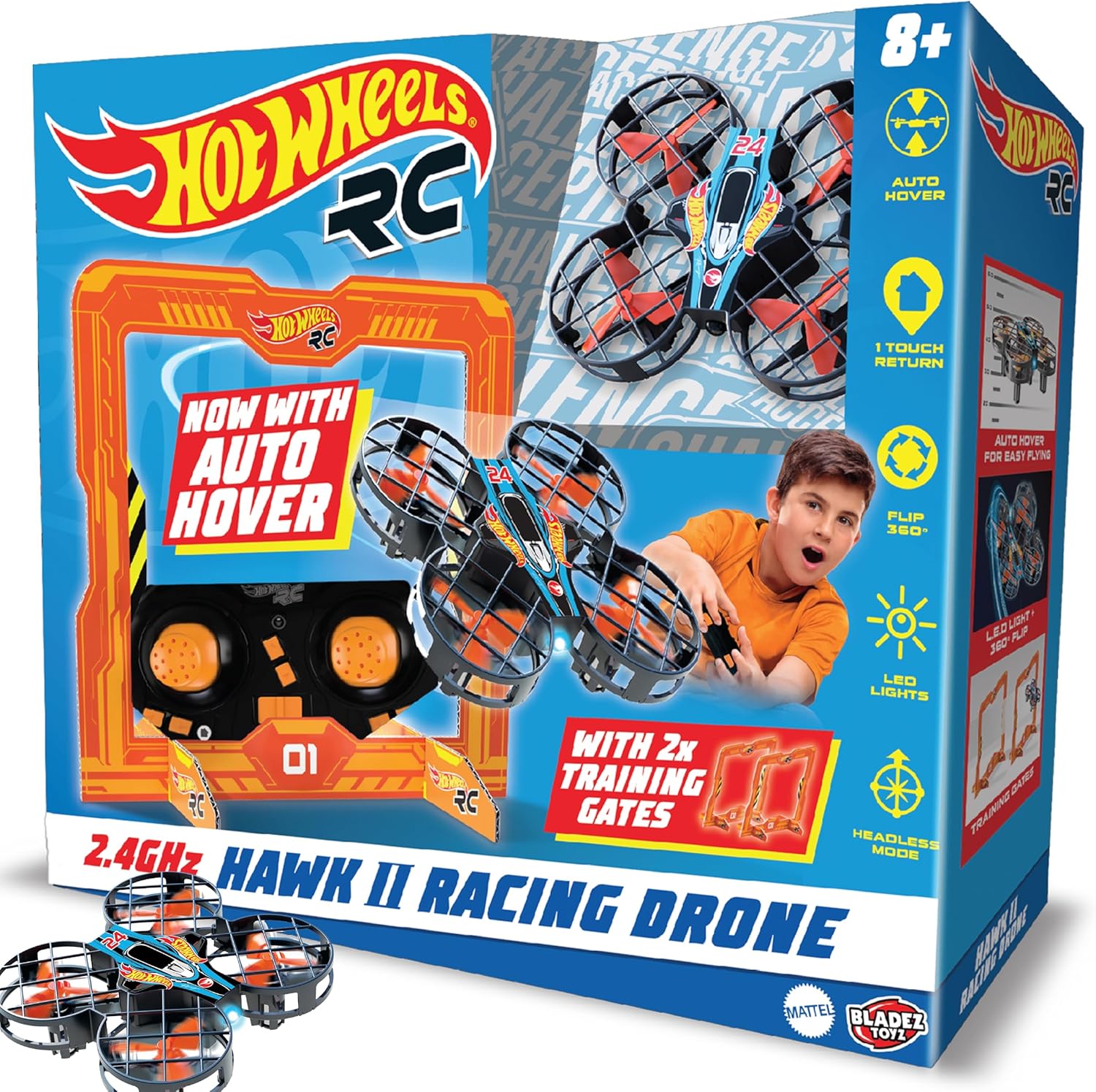 BLADEZ Hot Wheels Hawk 24 Racing Quad Age 8+, Remote Control Drone, Flying Toy, Performing Stunts and Races, RC 2.4GHz with Lights, Shock Resistant, Toyz Licensed Toy
