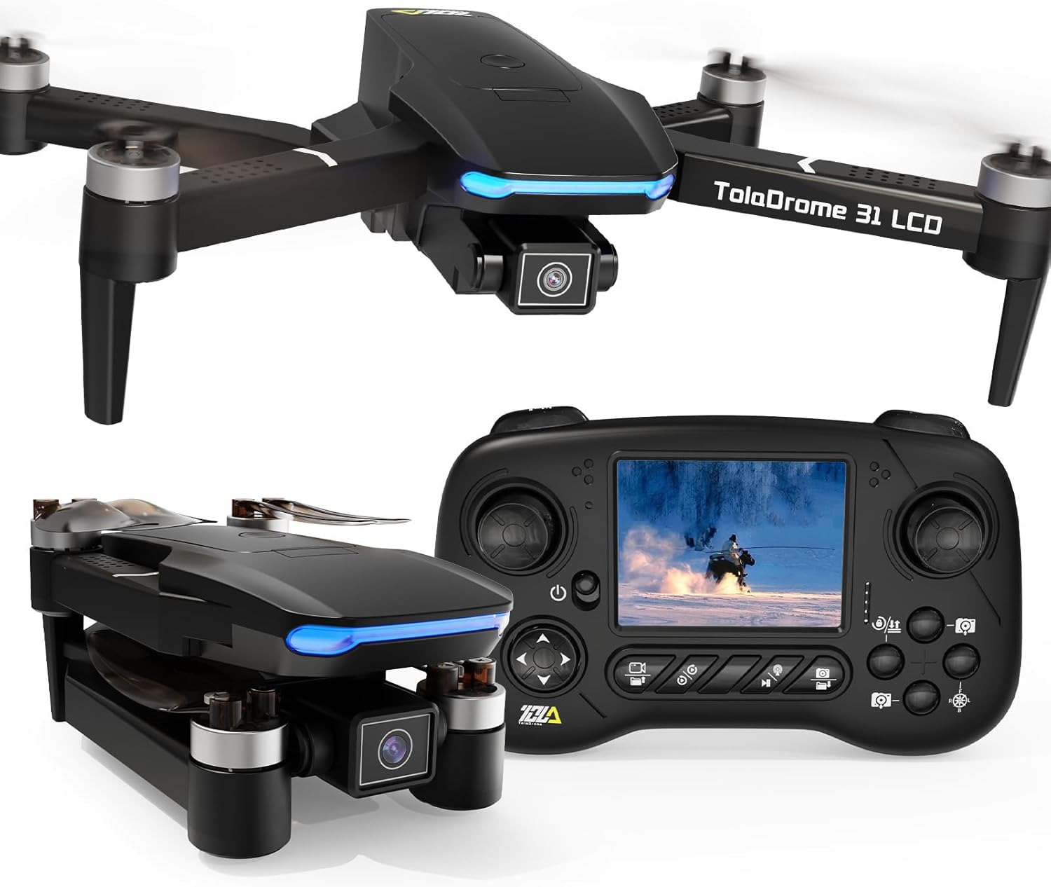 TD31LCD Drone con Schermo LCD, Trasmissione Digitale delle Immagini, Drone con Fotocamera, Motore Brushless, Droni per Principianti, Quadricottero RC Pieghevole per Adulti
