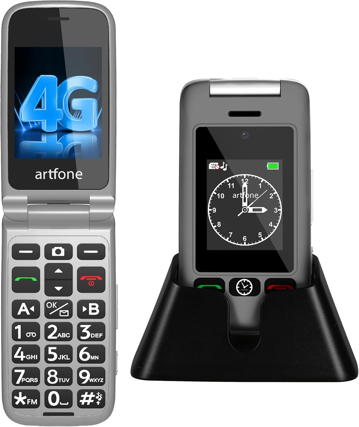 artfone G6 4G Flip Phone for Seniors, Unlocked with Dual Screen, Time Signal, Quick Select, Basic Mobile Phones with Big Buttons, SOS Button, USB-C and Charging Dock