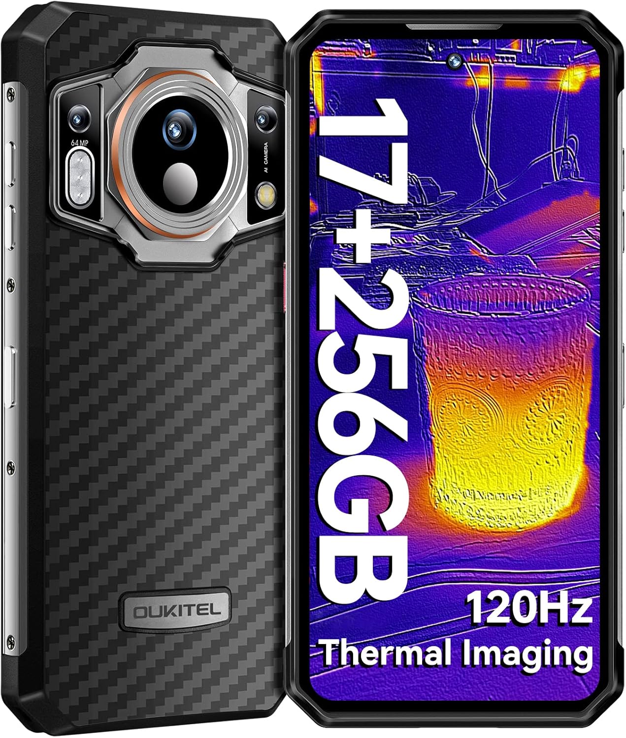 OUKITEL WP21 Ultra Rugged Smartphone, 256 x 192 Resolution Thermal Camera Indestructible Telephone, 64MP Camera, 17GB+256GB, 120Hz 9800mAh Rugged Phone 6.78″ FHD+, Android 12 IP68/NFC/GPS
