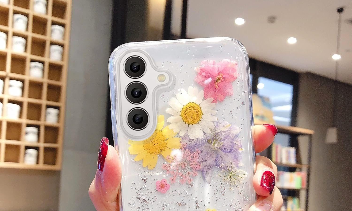 EYZUTAK Case for Samsung Galaxy A14 5G, Bling Glitter Sequins Handmade Real Dried Flower Leaf Embedded Floral Pressed Flexible Soft Gel Rubber TPU Protective Bumper