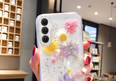EYZUTAK Case for Samsung Galaxy A14 5G, Bling Glitter Sequins Handmade Real Dried Flower Leaf Embedded Floral Pressed Flexible Soft Gel Rubber TPU Protective Bumper