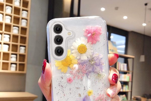 EYZUTAK Case for Samsung Galaxy A14 5G, Bling Glitter Sequins Handmade Real Dried Flower Leaf Embedded Floral Pressed Flexible Soft Gel Rubber TPU Protective Bumper