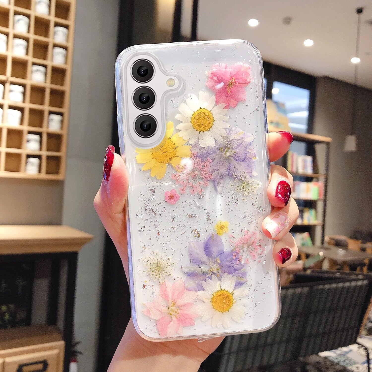 EYZUTAK Case for Samsung Galaxy A14 5G, Bling Glitter Sequins Handmade Real Dried Flower Leaf Embedded Floral Pressed Flexible Soft Gel Rubber TPU Protective Bumper