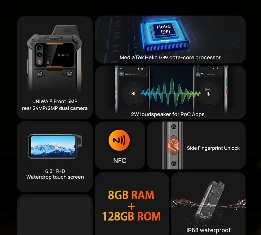 UNIWA W999 Rugged Smartphone, IP68 Certified, Octa-Core Processor 8GB RAM and 128GB ROM, 4400mAh Battery with Integrated Protections, 4G, Wi-Fi, Bluetooth, Fingerprint Reader Android 13