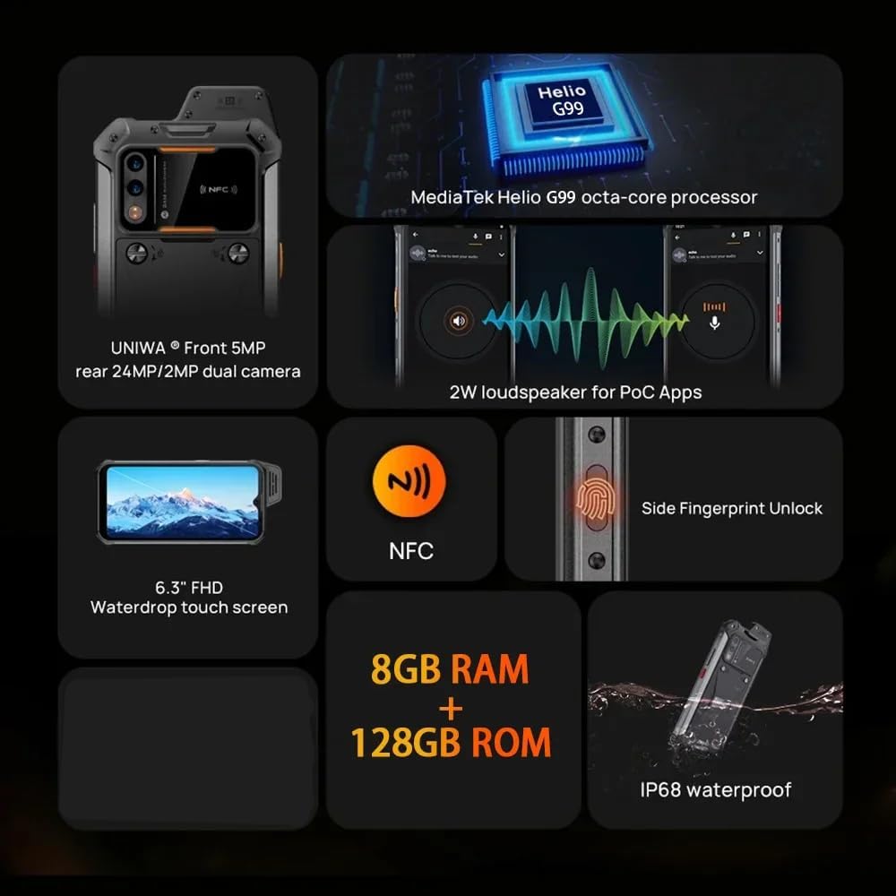 UNIWA W999 Rugged Smartphone, IP68 Certified, Octa-Core Processor 8GB RAM and 128GB ROM, 4400mAh Battery with Integrated Protections, 4G, Wi-Fi, Bluetooth, Fingerprint Reader Android 13