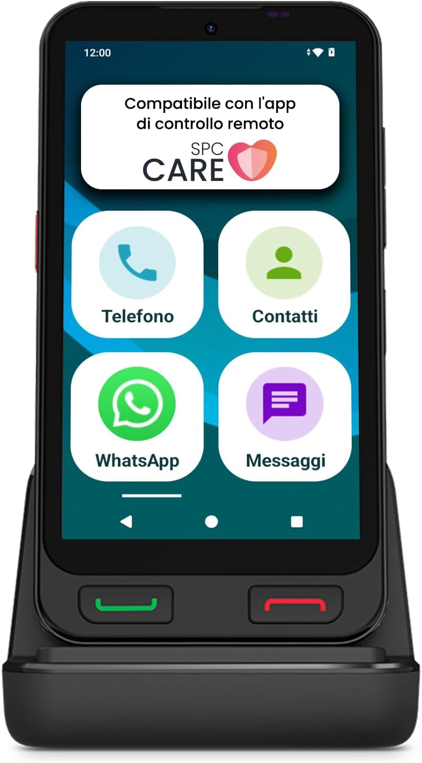 SPC Zeus 2 + Case | Elderly Smartphone Compatible with App Management and Remote Location | Easy Mode, Physical Buttons, XXL Icons | 5 Inch, Dual Cam, 64 GB | Charging Base, SOS Button