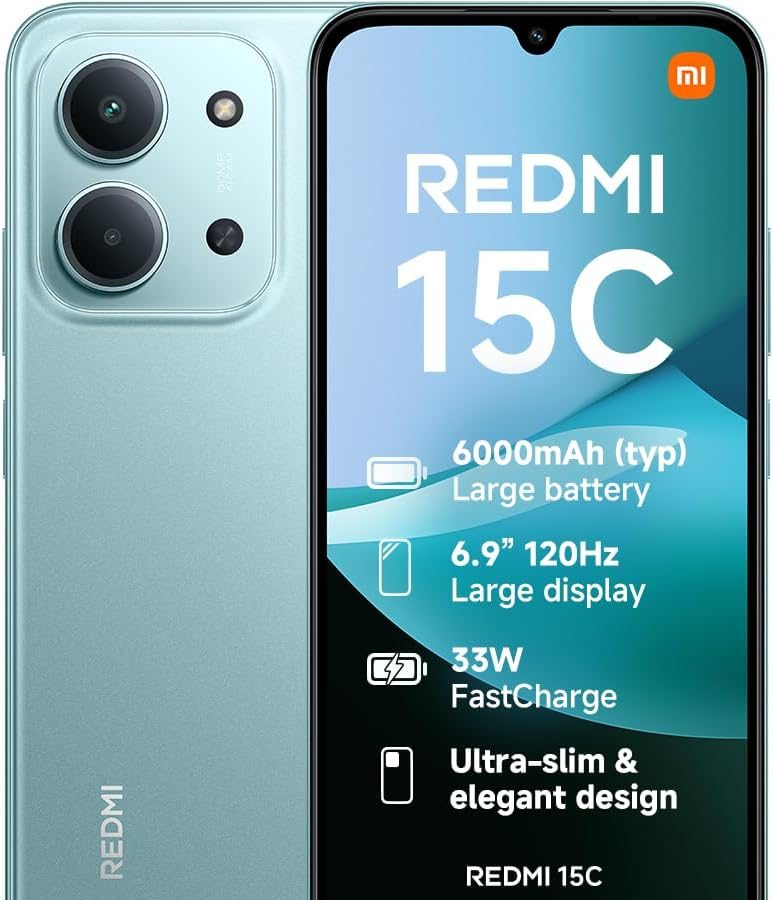 XIAOMI Redmi 15C, Smartphone 4+256GB, 6.99 Inch 120Hz Display 8mm Design, MediaTek Helio G81-Ultra Octa-core, 50MP AI Dual Camera, 6000mAh, Mint Green, Charger Not Included