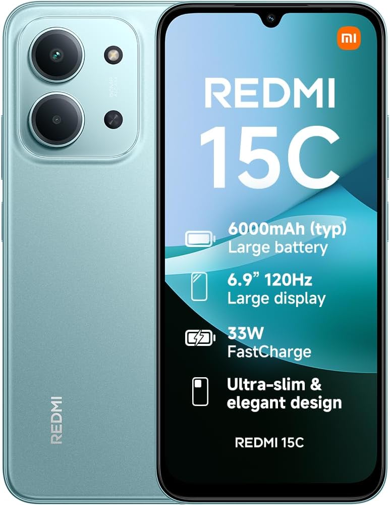 XIAOMI Redmi 15C, Smartphone 4+256GB, 6.99 Inch 120Hz Display 8mm Design, MediaTek Helio G81-Ultra Octa-core, 50MP AI Dual Camera, 6000mAh, Mint Green, Charger Not Included
