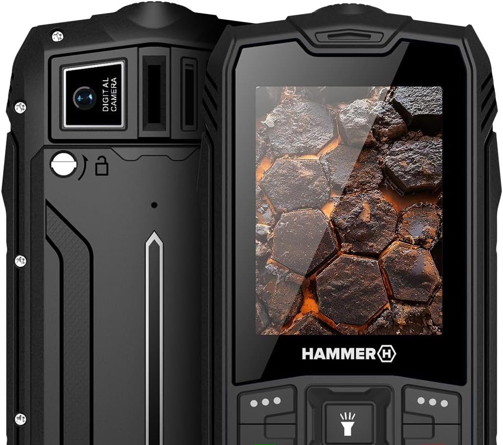 Hammer H Rock LTE Rugged Phone without Contract, 3000mAh, 64 GB, 2.4 Inch IPS Display, Large Keys, SOS Button, Flashlight, FM Radio, Bluetooth, USB-C, Dual SIM, IP68/MIL-STD-810H, Black