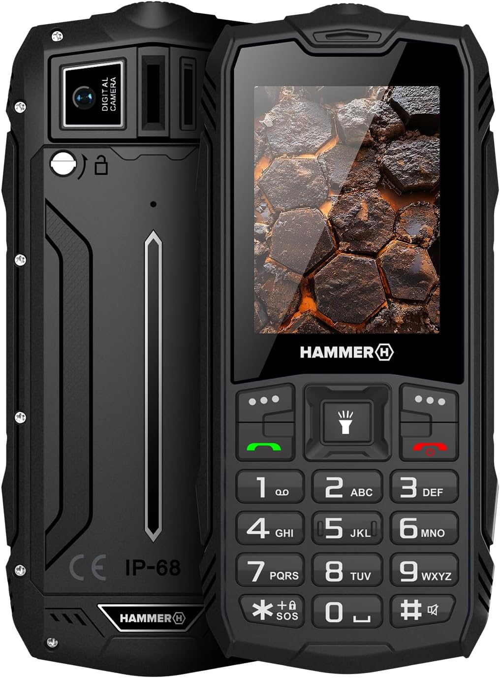 Hammer H Rock LTE Rugged Phone without Contract, 3000mAh, 64 GB, 2.4 Inch IPS Display, Large Keys, SOS Button, Flashlight, FM Radio, Bluetooth, USB-C, Dual SIM, IP68/MIL-STD-810H, Black