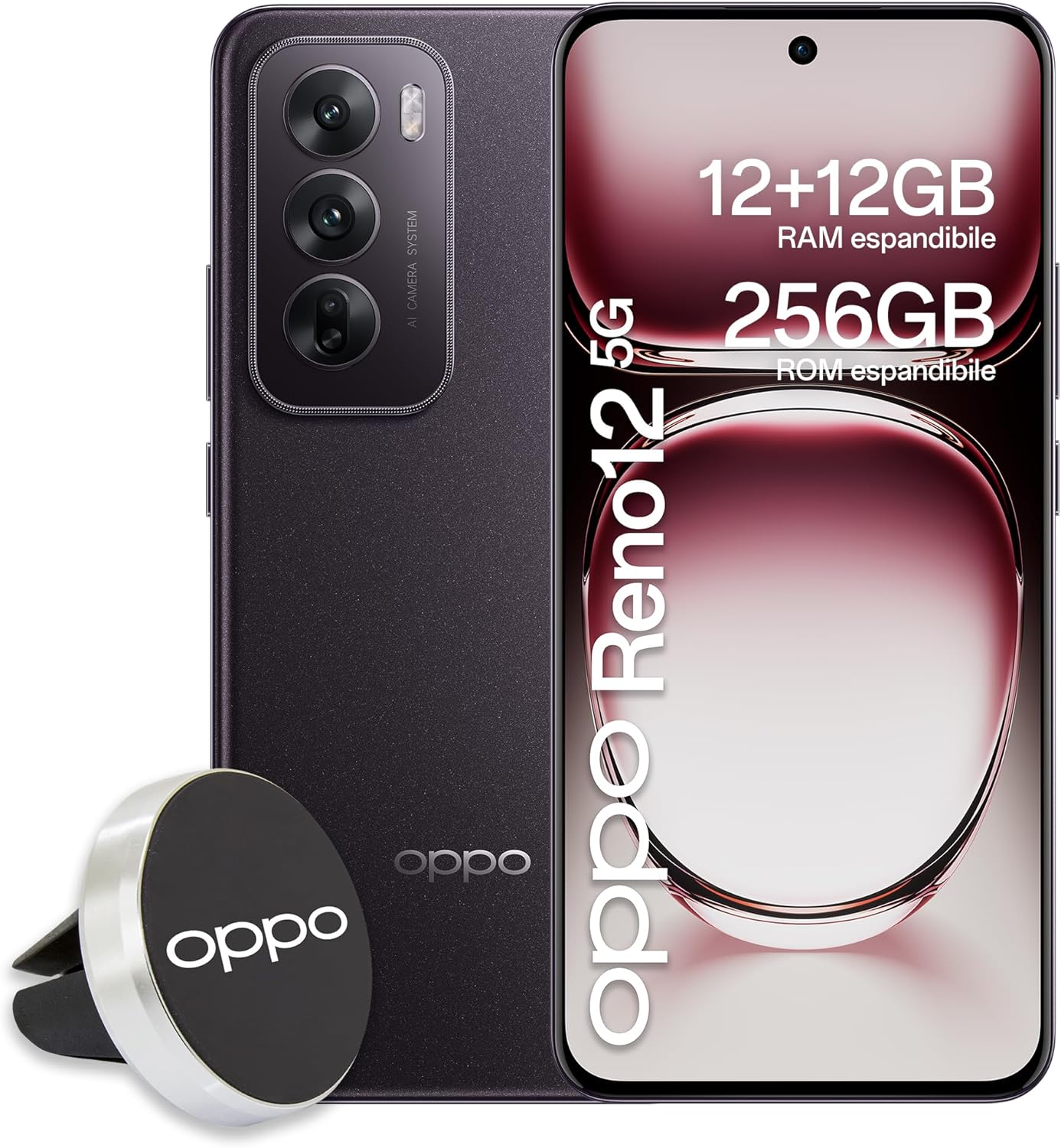 OPPO Reno12 5G AI Smartphone, Triple Camera 50+8+2MP, Selfie 32MP, Display 6.7″ 120HZ AMOLED FHD+, 5000mAh, RAM 24GB (12+12) +ROM 256GB, Car Support [Italian Version], Black Brown