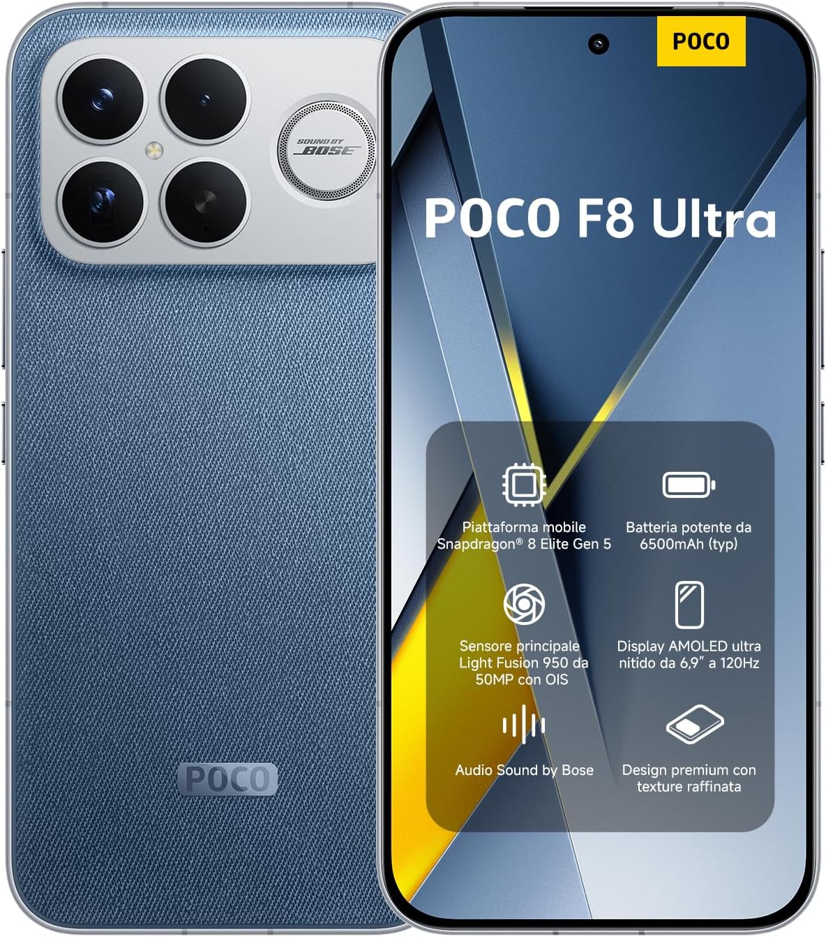 Xiaomi POCO F8 Ultra, Smartphone 16+512 GB, AMOLED Display 6.9″ 120Hz, 50MP Light Fusion 950 Camera with OIS, Audio Sound by Bose, 6500mAh Battery, Denim Blue, Warranty 2 Years, Not Included Charger
