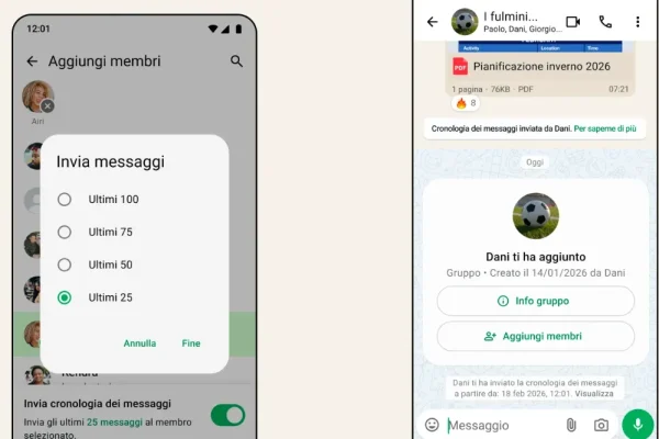 Nei gruppi WhatsApp si potranno inviare fino a 100 messaggi recenti ai nuovi membri aggiunti
