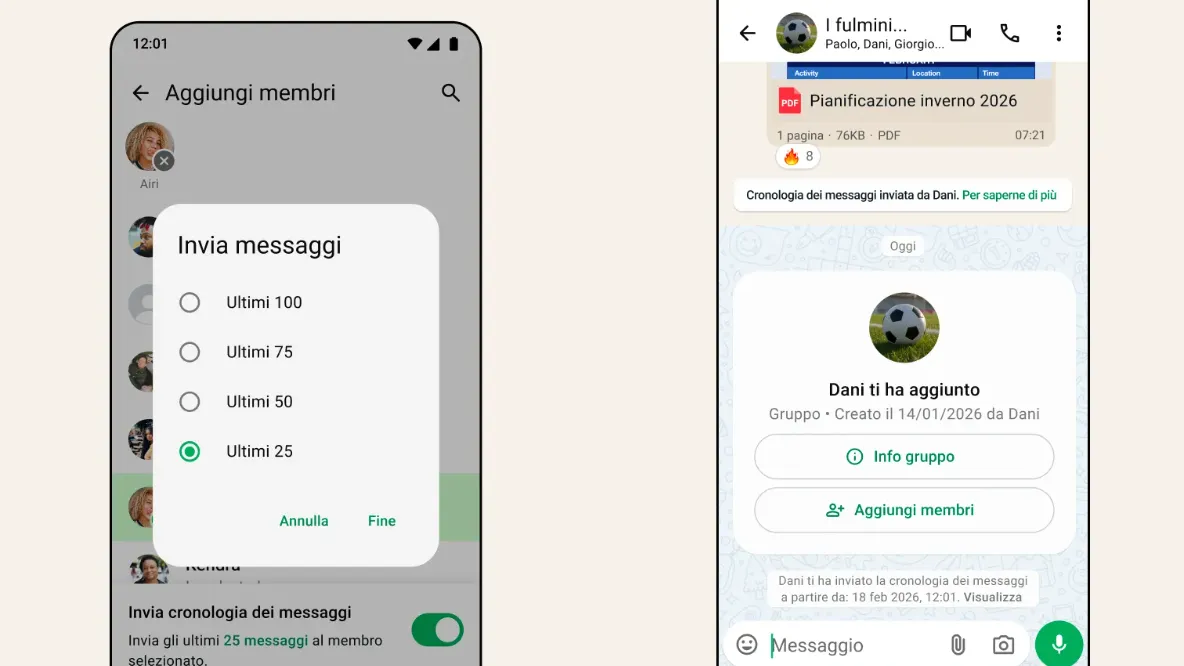 Nei gruppi WhatsApp si potranno inviare fino a 100 messaggi recenti ai nuovi membri aggiunti
