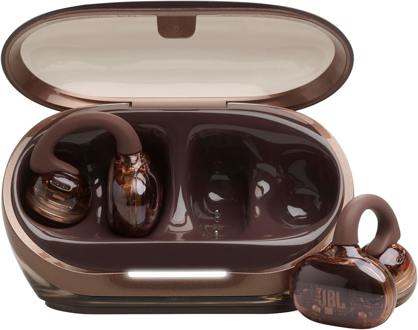 JBL Soundgear Clips Cuffie Open-Ear True Wireless, SonicArc Design, fino a 32 Ore di Autonomia, 4 Microfoni Beamforming, Resistenti ad Acqua e Polvere IP54, Tecnologia JBL OpenSound, Ghost Copper