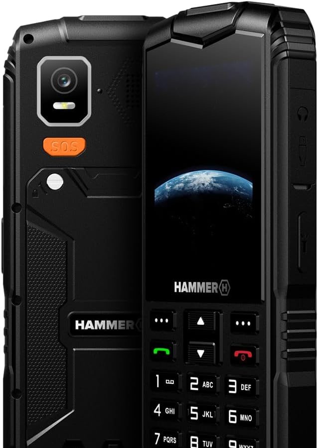Hammer H Horizon LTE Rugged Phone without Contract, 3000mAh Battery, 64 GB, 2.8 Inch IPS Display, Large Keys, SOS Button, Torch, 2 MP Camera, FM Radio, USB-C, Dual SIM, IP68/MIL-STD-810H, Black